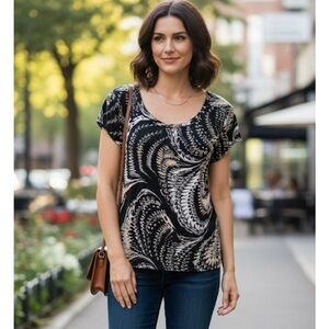 WORTHINGTON Short Sleeve Patterned Top, Women’s L, Black Tan Cream